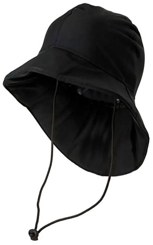 Zwarte bucket hat met brede rand en kinband.