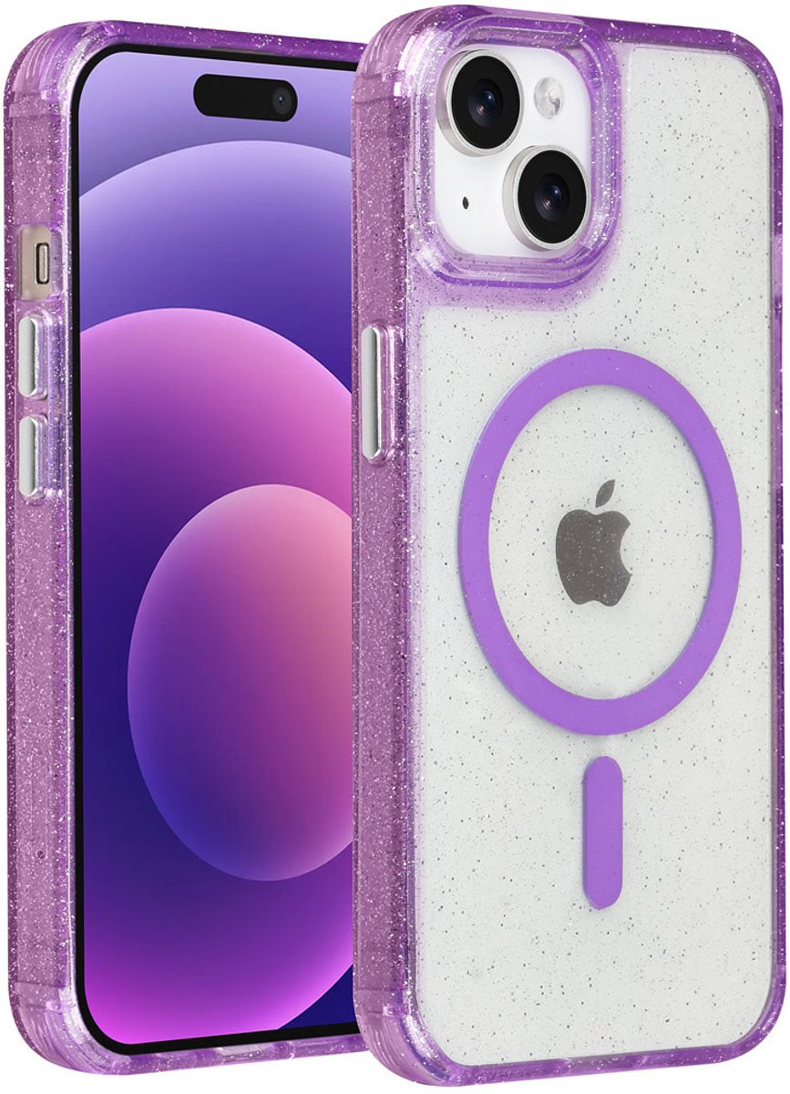 TUNIQ telefoonhoesje voor Apple iPhone 15 - MagSafe met glitter en koord - Paars