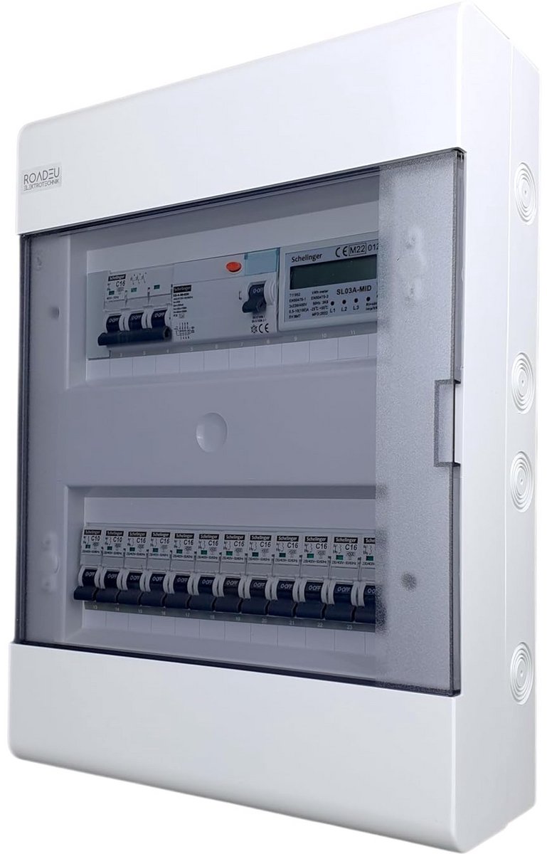 Aardlekautomaatkast met energiemeter – 3-fase groepenkast met 40A aardlekschakelaar – C10A/C16A automaten – Voorbedrade verdeler IP44 voor wandmontage