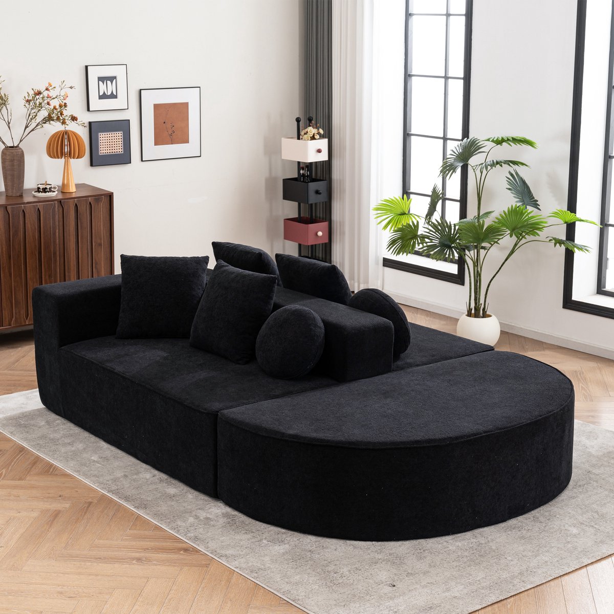 REDOM Modulaire bank van chenille, zwart, volledig schuim, modulaire opstelling, zonder mo