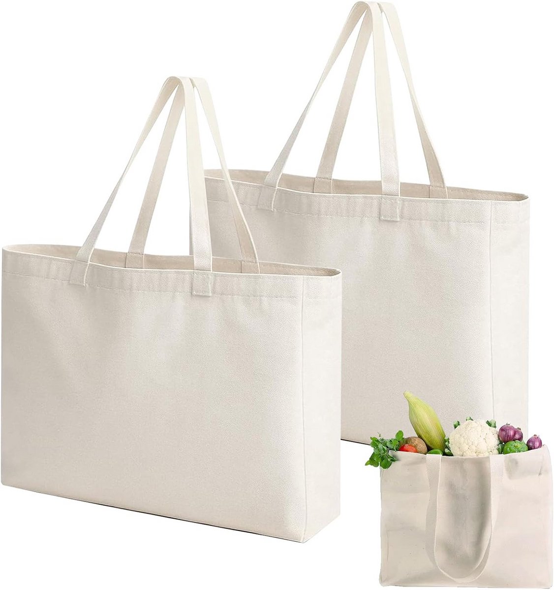 Herbruikbare Katoenen Tote Bags - Set van 2 Grote Canvas Tassen voor Winkelen en Reizen
