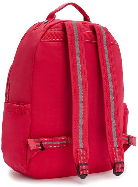 Dos d'un sac à dos Kipling rouge avec deux sangles grises rayées et des boucles.