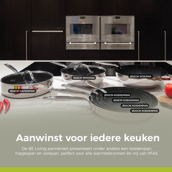 Diverse pannen op een aanrecht, waaronder een koekenpan, hapjespan en wokpan.
