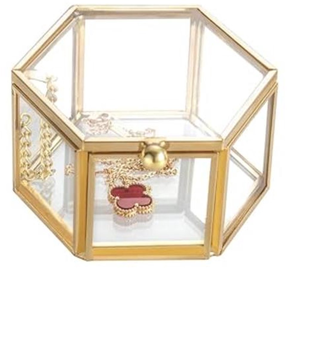 Gouden Zeshoekige Glazen Sieradendoos - Decoratieve Organizer voor Ringen en Oorbellen