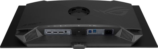 Gedetailleerd aanzicht van de poorten aan de achterkant van een ASUS monitor, inclusief HDMI, DisplayPort, USB en stroomaansluiting.