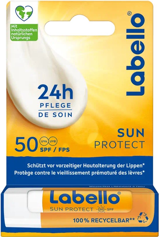 Labello Sun Protect met SPF 50 in oranje verpakking, met 24 uur verzorging.