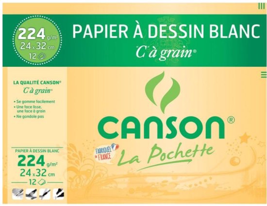 Canson papier à dessin blanc "C" à grain, 224 g/m², 24x32 cm, 12 vellen.