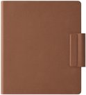 Dichtgevouwen bruine magnetische hoes voor een tablet, met een klittenbandsluiting.