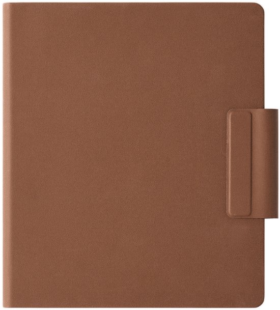 Dichtgevouwen bruine magnetische hoes voor een tablet, met een klittenbandsluiting.