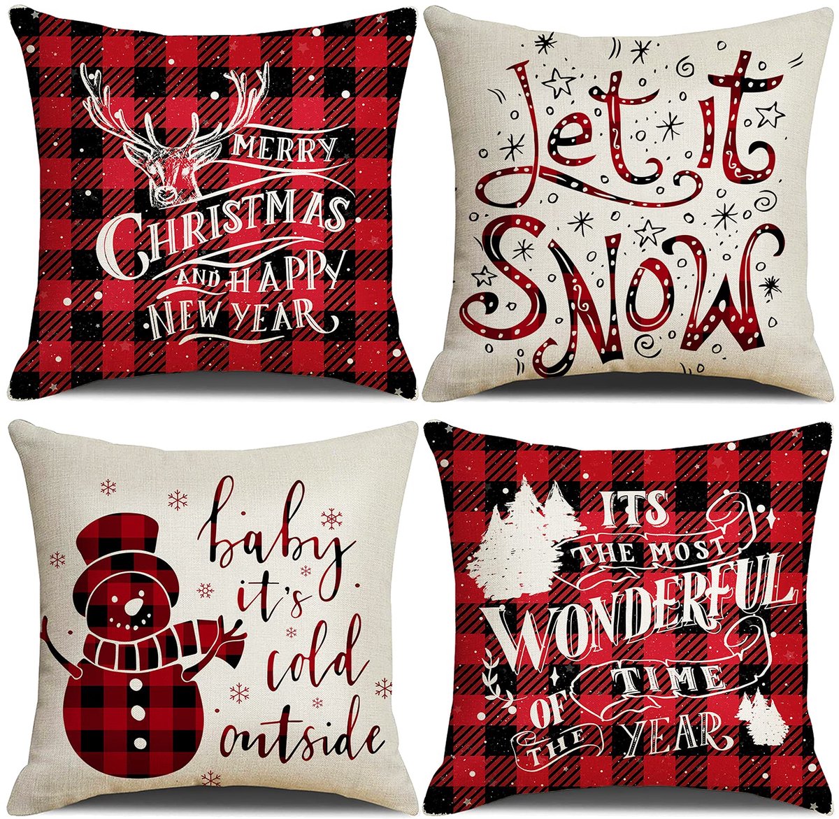 Unyqoos Set van 4 decoratieve kerstkussenslopen met sneeuwpop en ruitpatroon Kleurjik