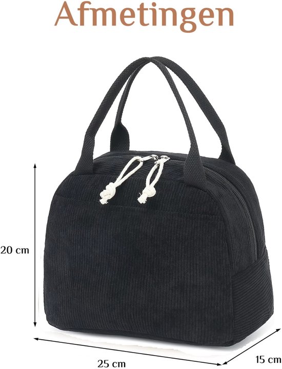 Zwarte Corduroy Geïsoleerde Lunchtas 25×20×15 cm - Warmhoudtas met Voorvak - Koeltas - Thermotas - Waterafstotend & Aluminium Binnenkant - Voor Baby, Kind & Volwassenen van Merkloos — afbeelding 2
