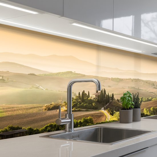 Keuken achterwand 200x80 cm - Spatscherm zelfklevend Landschap - Toscane - Ochtendlicht - Muurbeschermer - Spatwand fornuis