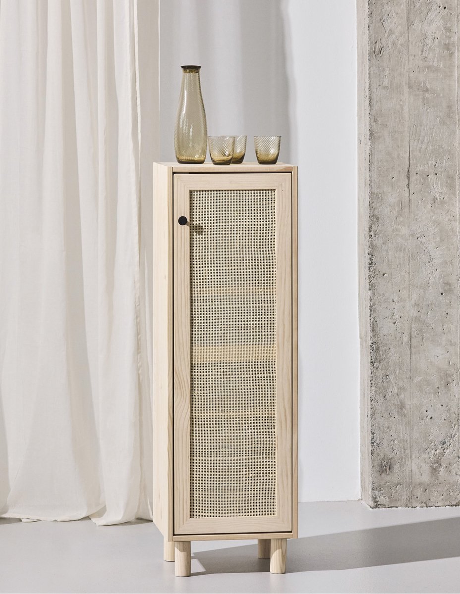 Astigarraga Houten Kast Sense - Smalle opbergkast met 1 deur - Badkamerkast - 100% massief grenen & rotan deuren - H:115,5cm x B:37,3cm x D:33cm