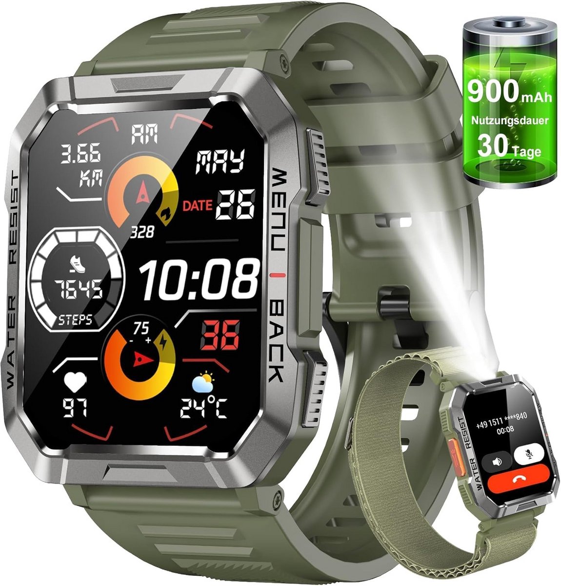 Stoer Militair Smartwatch voor Heren - Lange Batterijduur, Bellen, Fitness Tracker & IP68 Waterdicht