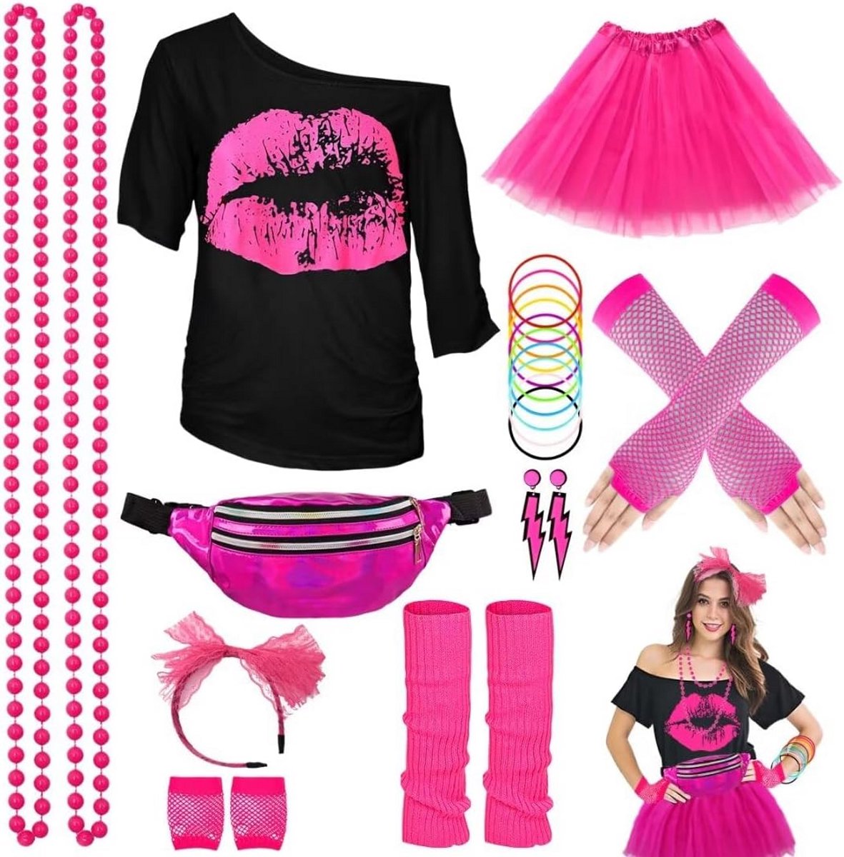 80s damesoutfit set - T-shirt, tutu, heuptas, accessoires