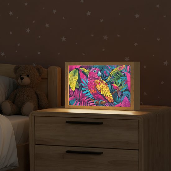 Nachtlampje 30x20 cm - Kinder lampje - Papegaai - Tropisch - Jungle - Kleurrijk - Tafellamp kinderkamer - Slaapkamer lamp - Bedlamp kinderen - Kinderlampje stopcontact - Wandlamp babykamer - Nachtlampjes van Little Dreamz. — afbeelding 2