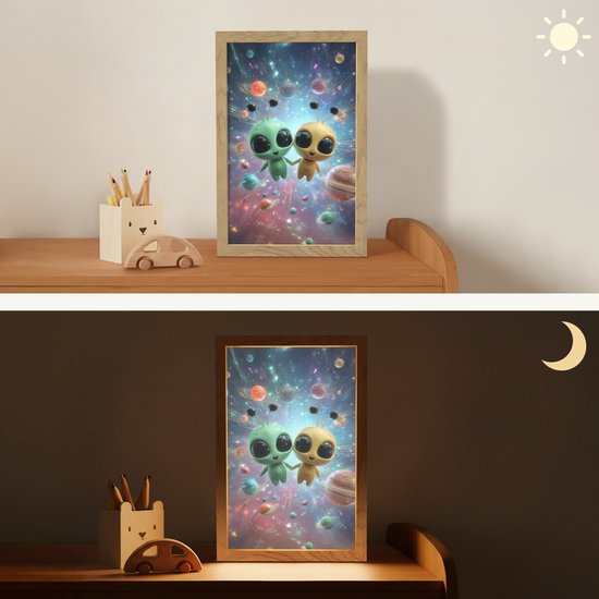 Nachtlampje 20x30 cm - Kinder lampje - Aliens - Ruimte - Planeten - Tafellamp kinderkamer - Slaapkamer lamp - Bedlamp kinderen - Kinderlampje stopcontact - Wandlamp babykamer - Nachtlampjes van Merkloos — afbeelding 4