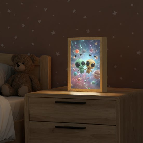 Nachtlampje 20x30 cm - Kinder lampje - Aliens - Ruimte - Planeten - Tafellamp kinderkamer - Slaapkamer lamp - Bedlamp kinderen - Kinderlampje stopcontact - Wandlamp babykamer - Nachtlampjes van Merkloos — afbeelding 2