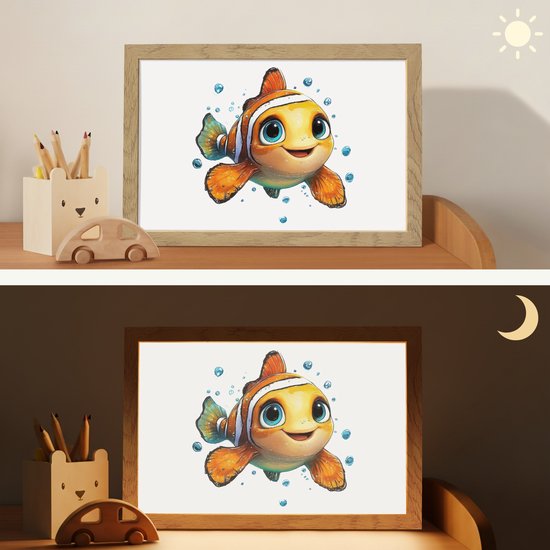 Nachtlampje 30x20 cm - Kinder lampje - Clownvis - Oranje - Vis - Water - Tafellamp kinderkamer - Slaapkamer lamp - Bedlamp kinderen - Kinderlampje stopcontact - Wandlamp babykamer - Nachtlampjes van OnlyWow — afbeelding 4