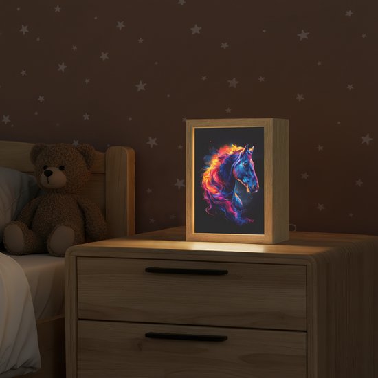 Nachtlampje 15x20 cm - Kinder lampje - Paard - Dier - Rook - Zwart - Kleuren - Tafellamp kinderkamer - Slaapkamer lamp - Bedlamp kinderen - Kinderlampje stopcontact - Wandlamp babykamer - Nachtlampjes van Merkloos — afbeelding 2