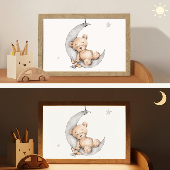 Nachtlampje 30x20 cm - Kinder lamp - Beer - Maan - Sterren - Kinderen - Tafellamp kinderkamer - Slaapkamer lamp - Bedlamp kinderen - Kinderlampje stopcontact - Wandlamp babykamer - Nachtlampjes van Lumisky — afbeelding 4