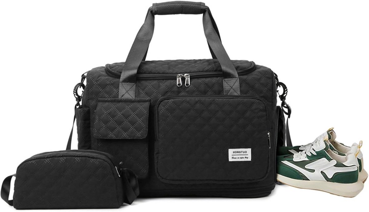 Travel Sporttas 34 Liter - Waterdichte Sport Duffle Bag met Nat en Droog Compartiment - Handtas voor Ziekenhuis en Reizen - Zwart