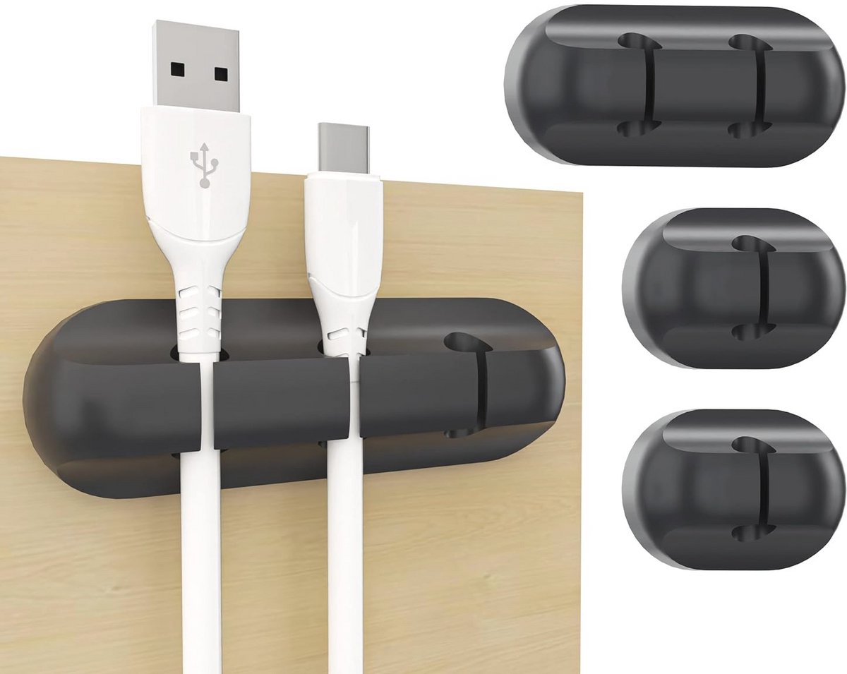 Kabelhouders Set van 4 - Zwarte Kabelorganizer - Zelfklevende Kabelclips voor Oplaadkabel, Audiokabel, Netsnoer en USB-kabel - Inclusief 2x1, 1x2, 1x3 - Kabelgeleiding voor Bureau