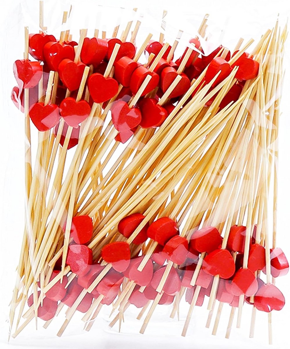 100x Rode Hart Cocktail Prikkers - Lange Bamboe Fruit Spiesjes voor Feest en Hapjes