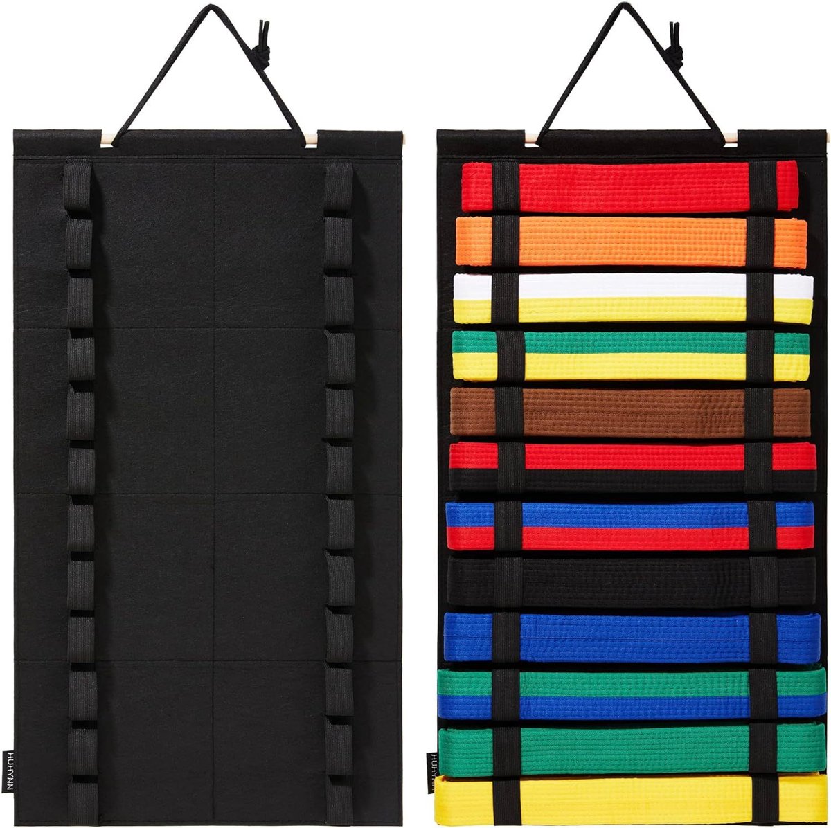 Displayrek voor 12 banden, displayrek voor karatebanden, displayrek van vilt voor taekwondobanden, displayrek voor banden van vechtsportbeoefenaars