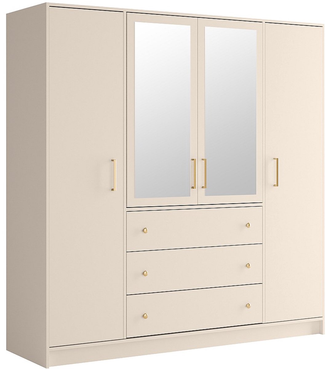 Vente-unique Kast met 4 deuren en 3 lades - Met spiegels - L196 cm - Beige en goud - LIZAN