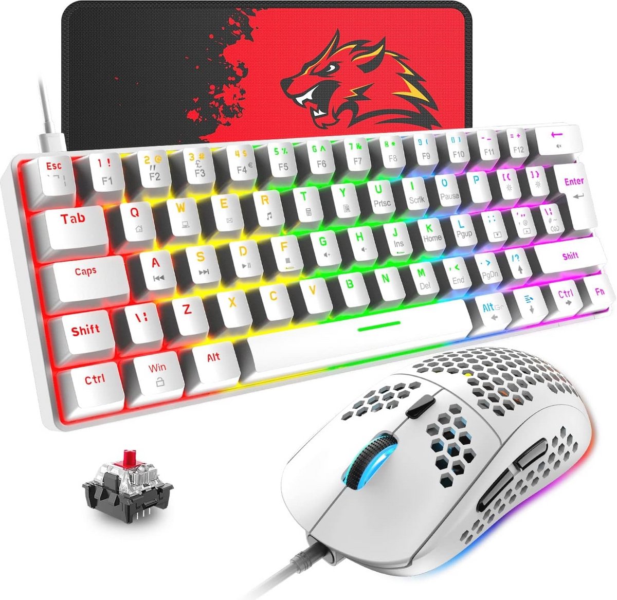 Compacte Gaming Toetsenbord en Muis Set met LED Verlichting, 62 Toetsen, 6400DPI Muis en Muismat voor PC en Mac