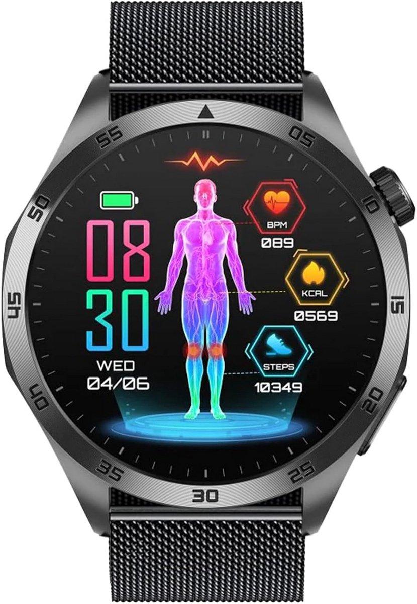Smartwatch Rond met Bellen, ECG, HRV en SOS Functie - Inclusief Milanese Band