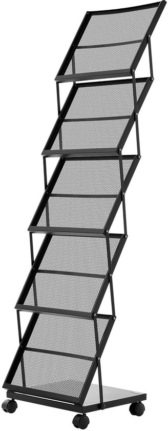Présentoir à Brochures Pliable Avec 5 Poches, Porte-Magazines Autoportant Mobile Avec Roues, Organiseur de Littérature et Catalogue en Métal pour Magasins, Expositions et Bureaux