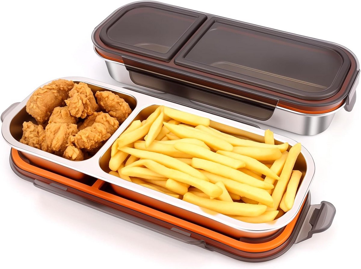 Roestvrijstalen Snackbox met 2 Compartimenten - Luchtdicht - Magnetron- en Vaatwasmachinebestendig