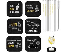 Gin Cadeauset met 6 Vilt Onderzetters en 6 Glazen Rietjes – Stijlvolle Tafeldecoratie voor Ginfans