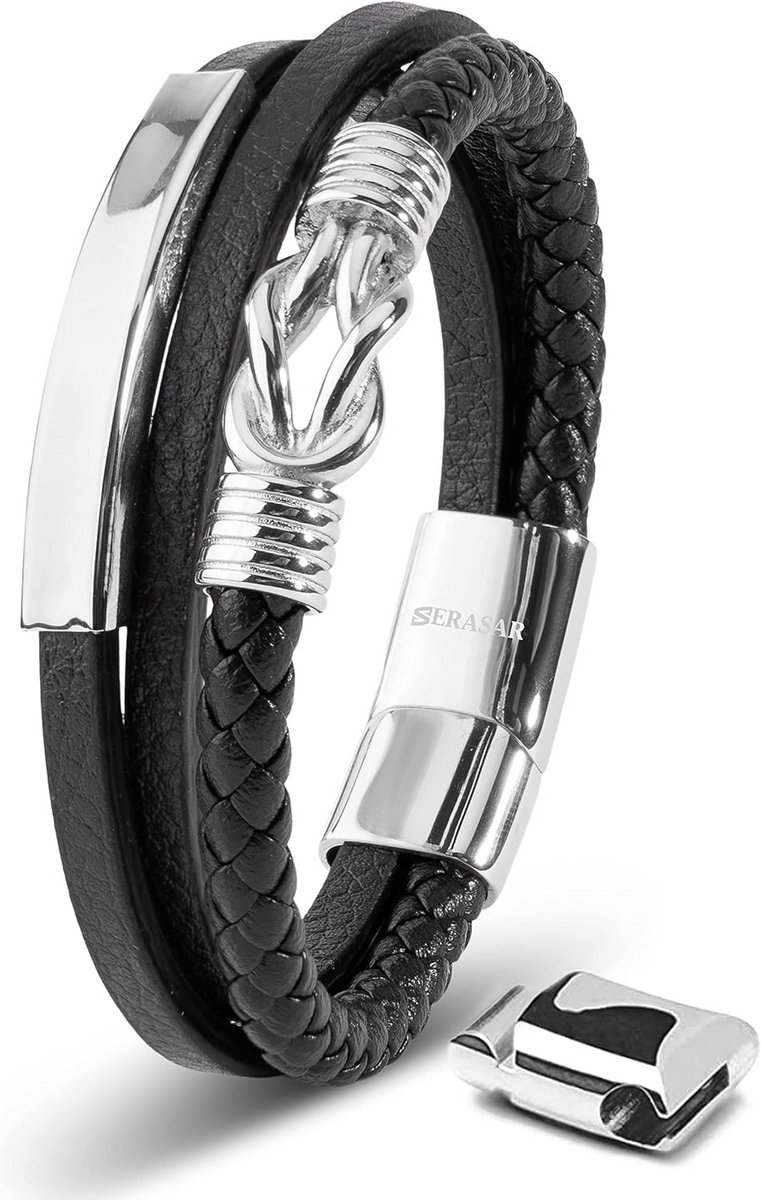 Luxe Leren Heren Armband met Magnetische Sluiting in Zwart en RVS