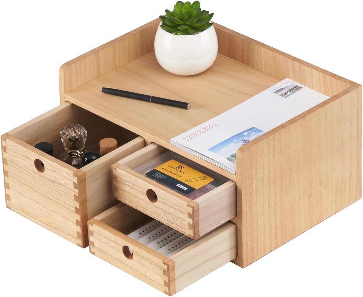 Houten bureau-organizer met schuifladen voor efficiëntie op kantoor en thuis