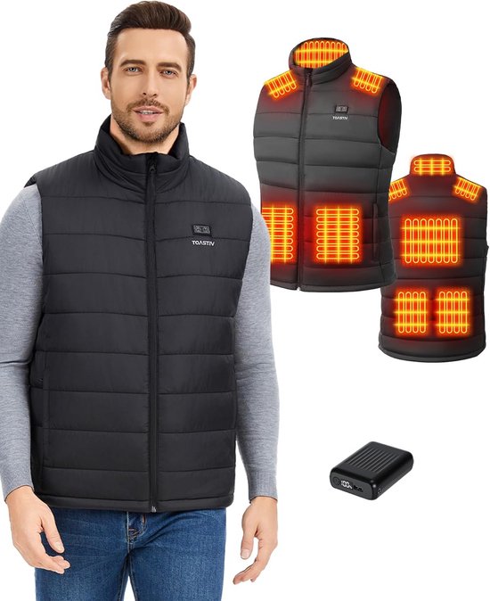 Telguua Fleece verwarmd vest voor dames met batterij 10.000 mAh 5 V, 6 verwarmingszones/3 temperatuurinstellingen, geschikt voor kamperen, wandelen, omkeerbaar, machinewasbaar fleece, Zwart, M