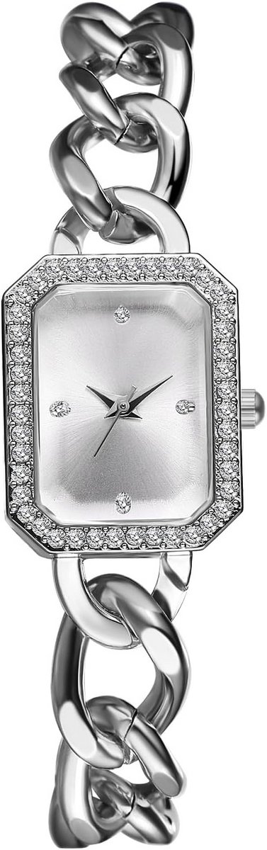 Dameshorloge Klein Rechthoekig Glitter Strass Analoog Quartz Polshorloge Zilver Roestvrij Staal Kettingarmband Ultradun Diamant Horloge met Vierkante Wijzerplaat Diamant