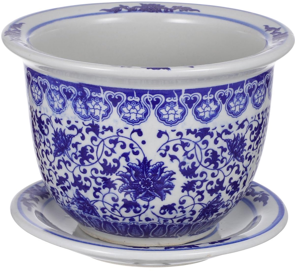 Unyqoos® Traditionele blauw-witte keramische bloempot met dienblad voor binnen en buiten