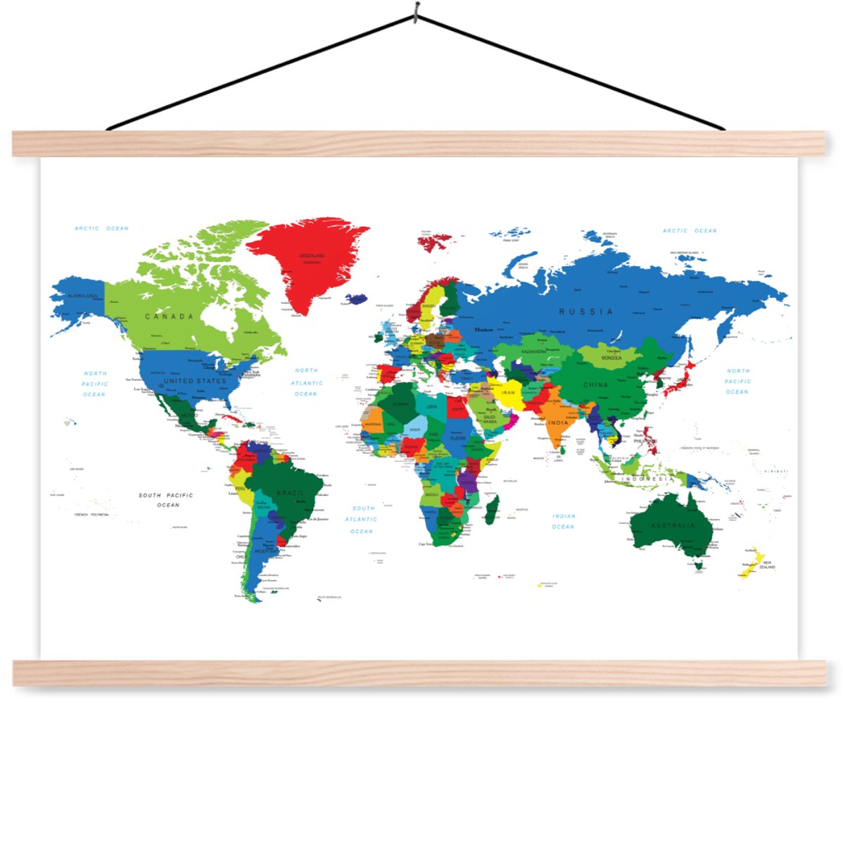 Posterhanger incl. Poster 120x80 cm - Schoolplaat - Wereldkaart - Kleuren - Topografie - Kinderen - Jongens - Meisjes - Textielposter - Blanke latten