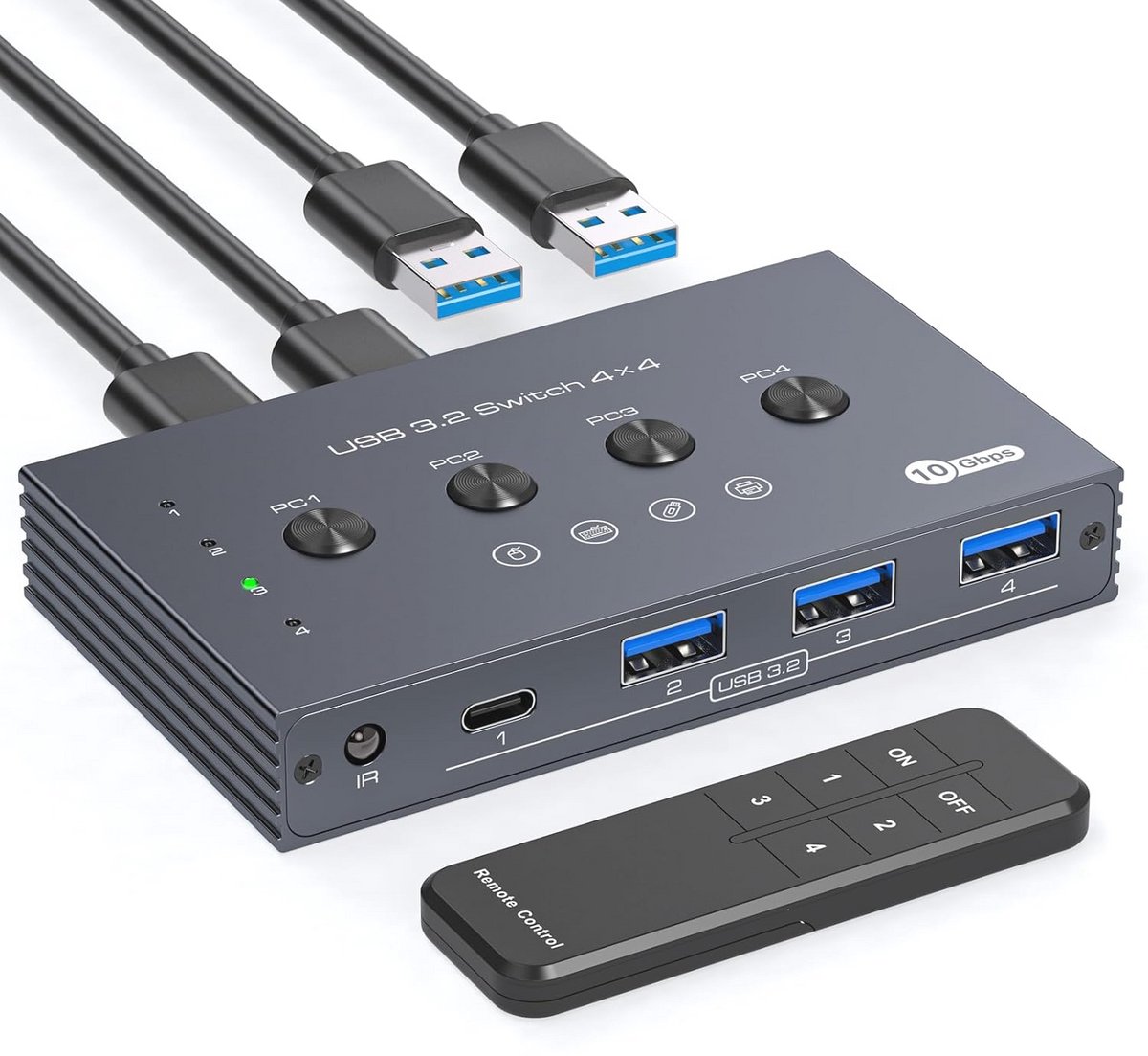 10 Gbps USB Switch 4 PC voor 4 USB 3.2 Poorten - Video-overdracht en Opladen met Afstandsbediening