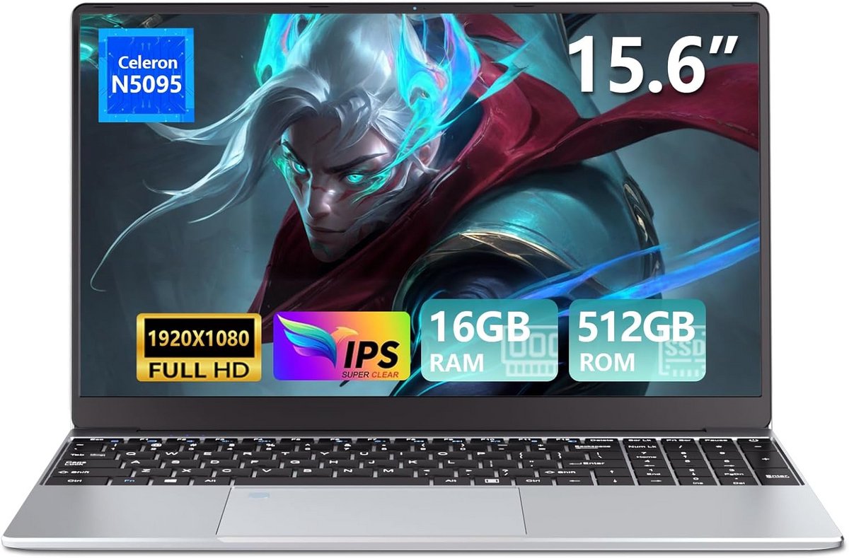 Laptop 15,6 inch met 16 GB RAM en 512 GB SSD - FHD IPS, toetsenbord met achtergrondverlichting en vingerafdrukontgrendeling