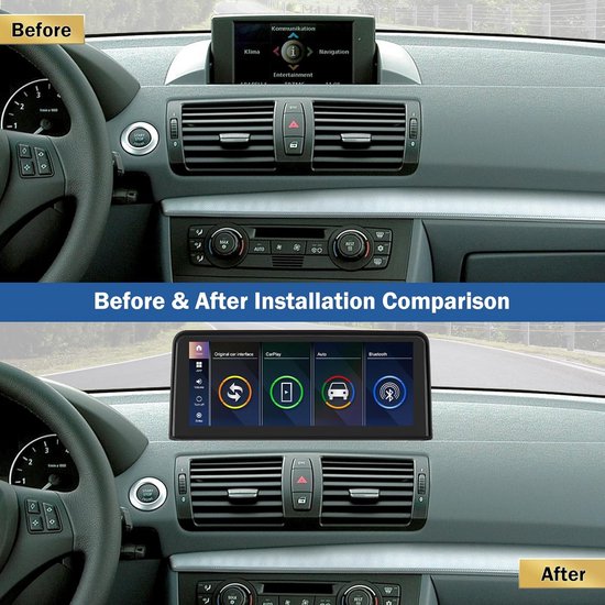 Vergelijking van het dashboard van de auto voor en na de installatie van het aanraakscherm.