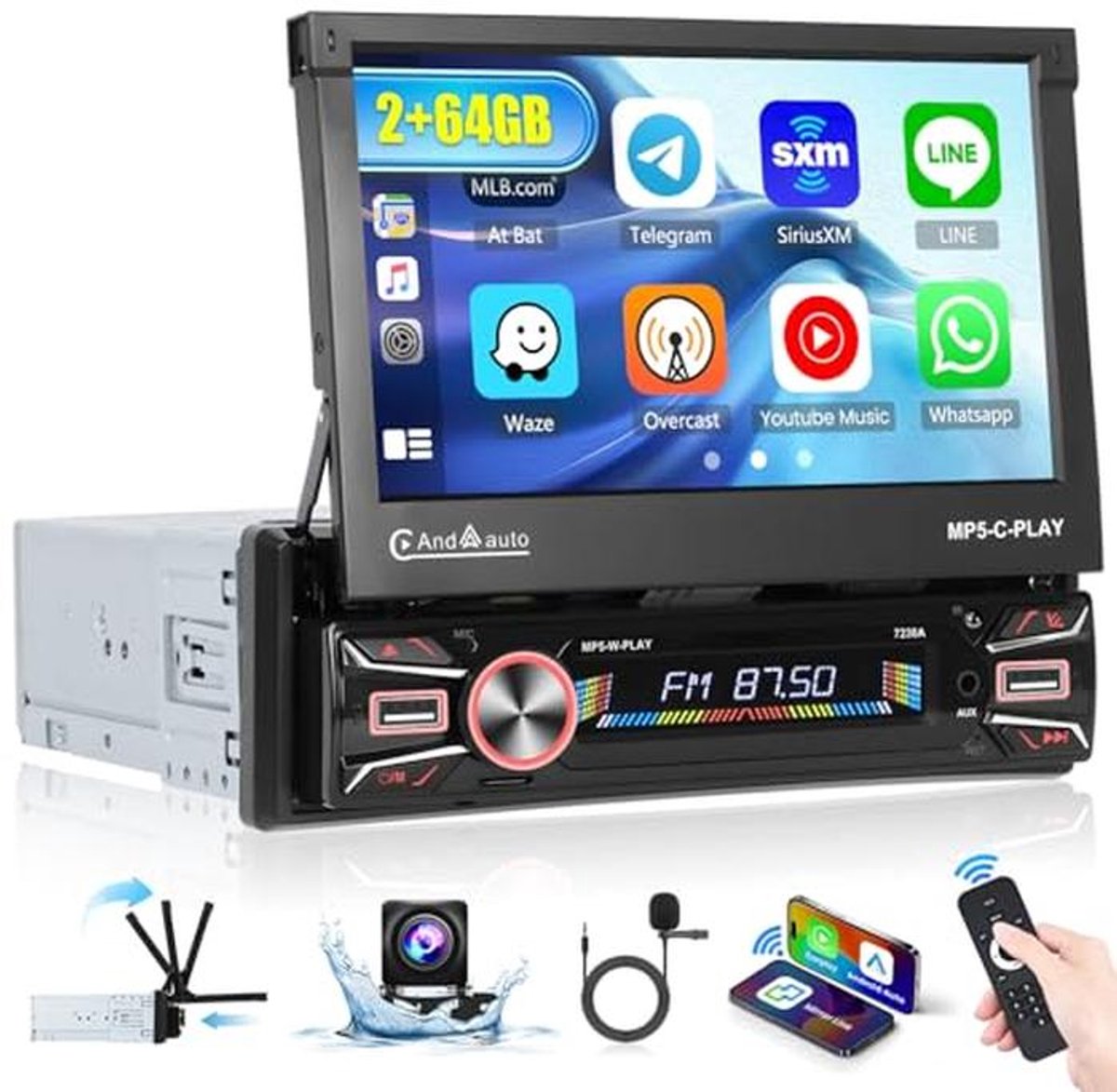 Draadloze Autoradio met 7 Inch Intrekbaar Scherm en Android 13
