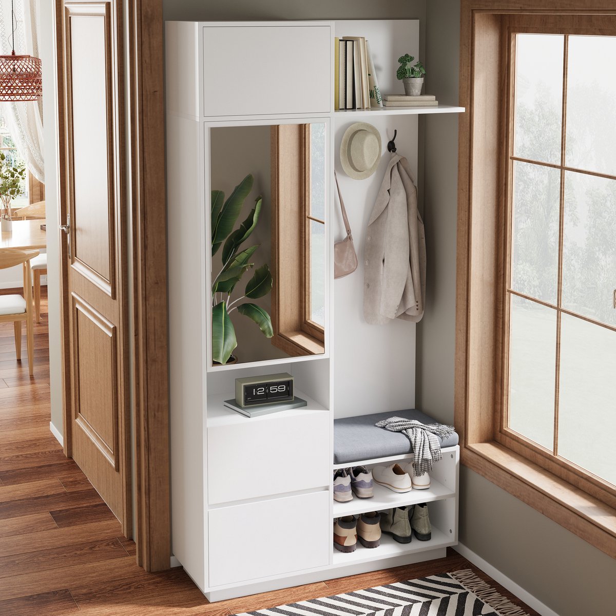 OKWISH Halmeubel – Spiegelkast Met Zitbank En Schoenenrek – 90x34.5x190 cm – 2 Laden + 4 H