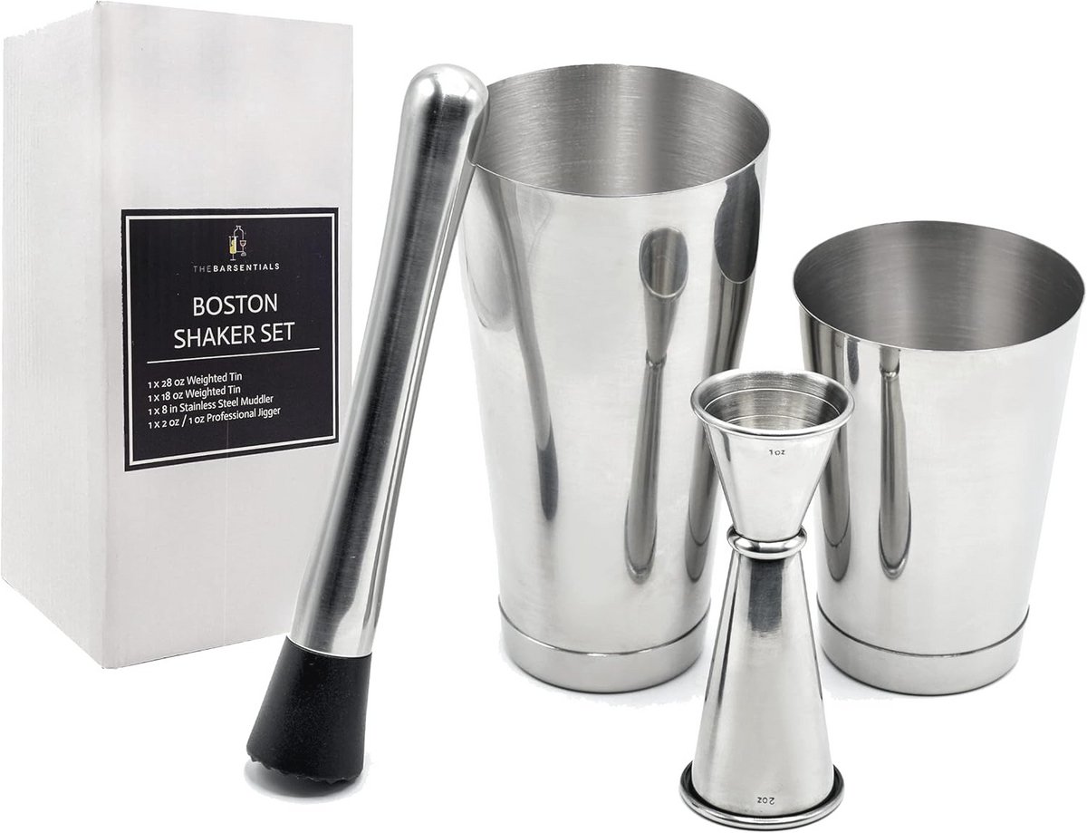 Cocktail Shaker Set met 28oz en 18oz verzwaarde blikken, Muddler en Jigger - RVS Bar Tools (4st set)