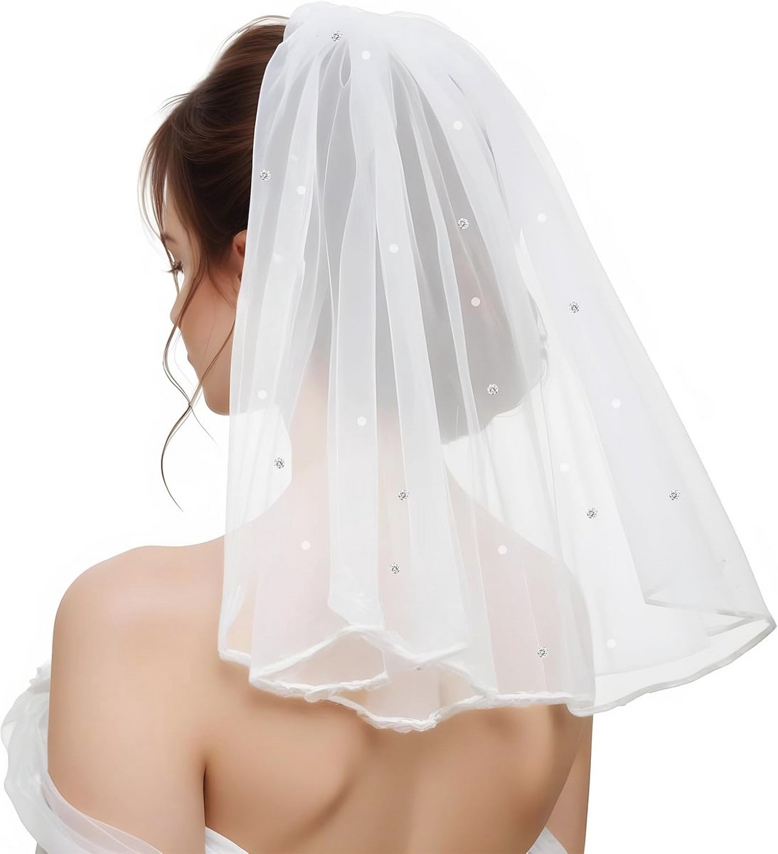 Korte Bruidsluier met Strass voor Bruiloften en Bachelorette Feesten - 40cm, Wit