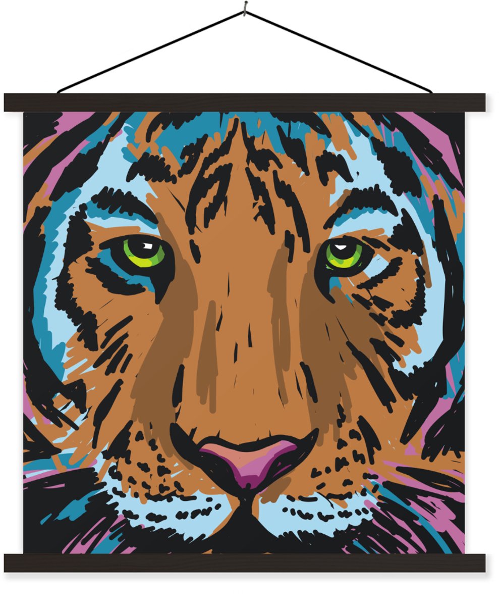 Posterhanger incl. Poster 60x60 cm - Schoolplaat - Tijger - Verf - Kop - Textielposter - Z