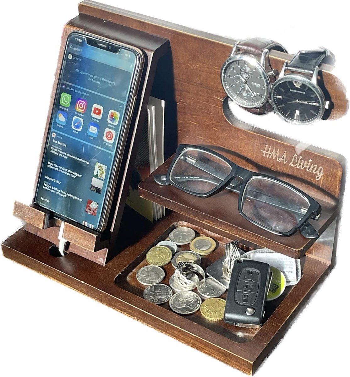 Houten Telefoon Docking Station en Organizer voor Mannen